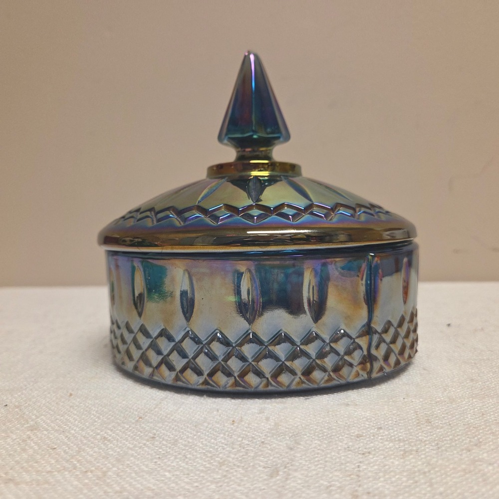 Vintage Blue Carnival Glass Trinket Dish with Lid Iridescent Oil Slick Jar - Picture 2 of 9